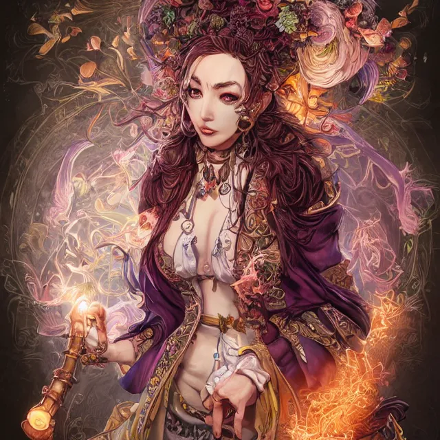 Image similar to the portrait of chaotic good female druid alchemist as absurdly beautiful, gorgeous, elegant, young gravure idol, an ultrafine hyperdetailed illustration by kim jung gi, irakli nadar, intricate linework, sharp focus, bright colors, octopath traveler, final fantasy, unreal engine 5 highly rendered, global illumination, radiant light, detailed and intricate environment