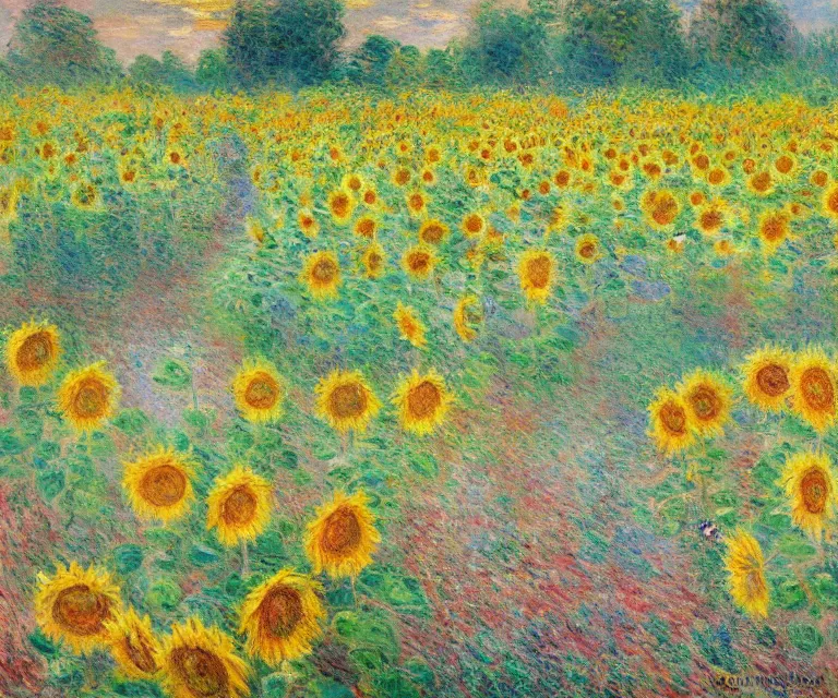 Prompt: sunflower garden, monet, oil painting, bright colors, sunlight, happy, peaceful, serene
