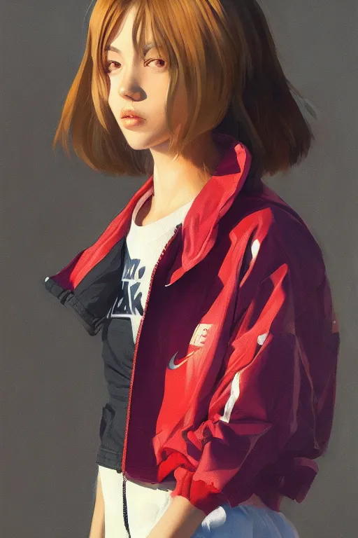 Prompt: A ultradetailed beautiful portrait panting of a stylish girl wearing an oversized Nike jacket, Oil painting, by Ilya Kuvshinov, Greg Rutkowski and Makoto Shinkai