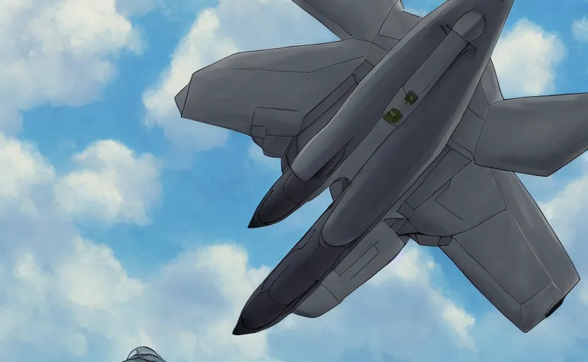 Image similar to a cell - shaded studio ghibli concept art study of a grey cube in the sky. a fighter jet is in the background. wide shot, very dull colors, hd, 4 k, hq