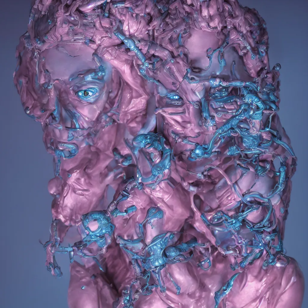 Image similar to hyperrealistic detailed rococo cyborg woman with pearlescent blue skin key sage wayne barlowe very soft pink neon lighting on one side wide angle 35mm shallow depth of field 8k