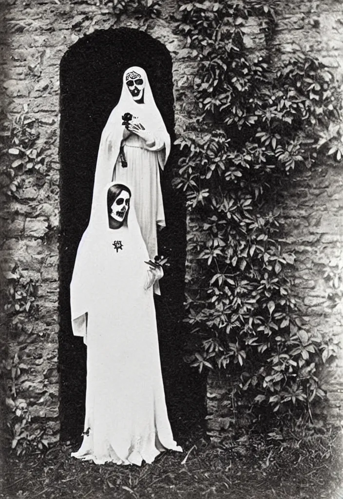 Prompt: photo taken in the 1 9 1 0's, full body view, one woman, virgin mary, dia de muertos dress and make up