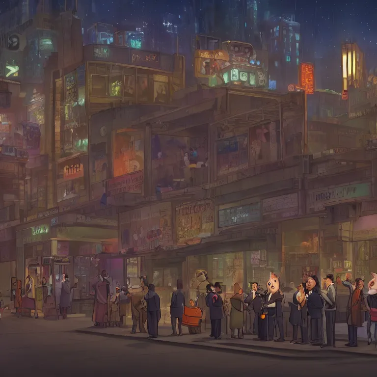 Image similar to few people waiting in a bus stop in dark city night, detailed, high quality, high resolution, screenshot from Zootopia