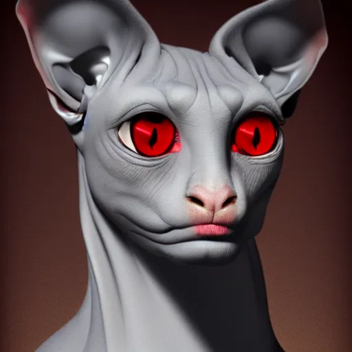 Image similar to A hairless sphinx cat with three red eyes and mysterious lighting, award winning, artstation trending, 8K