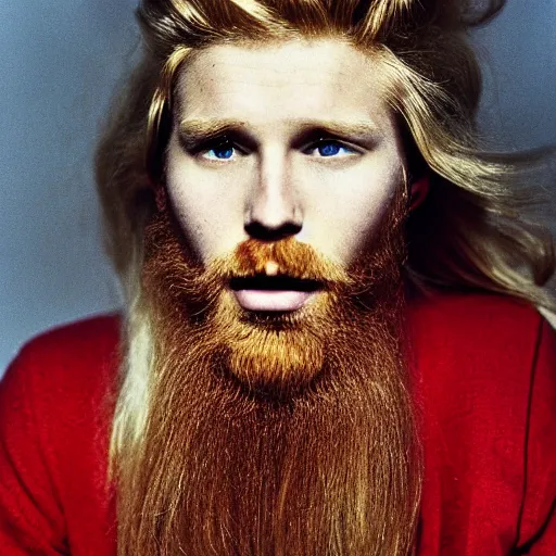 Image similar to 8k portrait photograph of 20 year old man named Carter Manson with long blond hair and red beard. Arnold Newman. Dramatic.