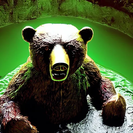 Prompt: a realistic depiction of a zombie bear standing in a green fluid pit, photo pic taken by todd mcfarlane and national geographic