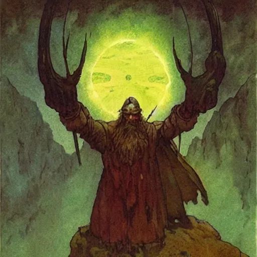 Image similar to A druid at the beginning of the world by Alan Lee, Mike Mignola and Frank Frazetta