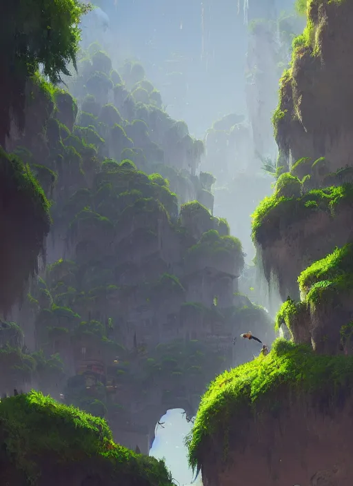 Prompt: medieval city built on terraces in a gigantic canyon, lots of buildings connected by hanging bridges, waterfalls, glow coming from amber veins in the ground, lush vegetation, pitchblack sky, extremly detailed digital painting, in the style atey ghailan and greg rutkowski, rim light, beautiful lighting, 8 k, stunning scene, raytracing, octane, trending on artstation
