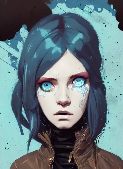 Prompt: highly detailed portrait of a sewer punk lady student, blue eyes, leather jacket, white hair by atey ghailan, by greg rutkowski, by greg tocchini, by james gilleard, by joe fenton, by kaethe butcher, gradient blue, black, brown and cyan color scheme, grunge aesthetic!!! ( ( graffiti tag wall background ) )