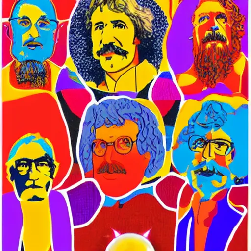 Prompt: a conference of psychedelic scientists / professors / researchers at the ohio state university in the style of peter max