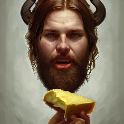 Image similar to a portrait of Viking rapaciously eating cheese, highly detailed, digital painting, artstation, concept art, sharp focus, illustration, art by artgerm and greg rutkowski and alphonse mucha