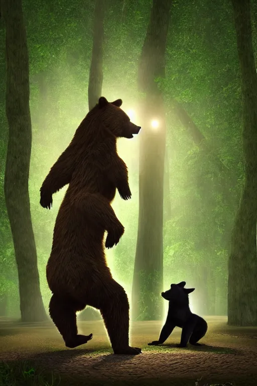 Prompt: a beautiful fullbody portrait of a bear and a wolf playing capoeira in a forest, at night. volumetric light, detailed, photorealistic, fantasy, rendered in octane