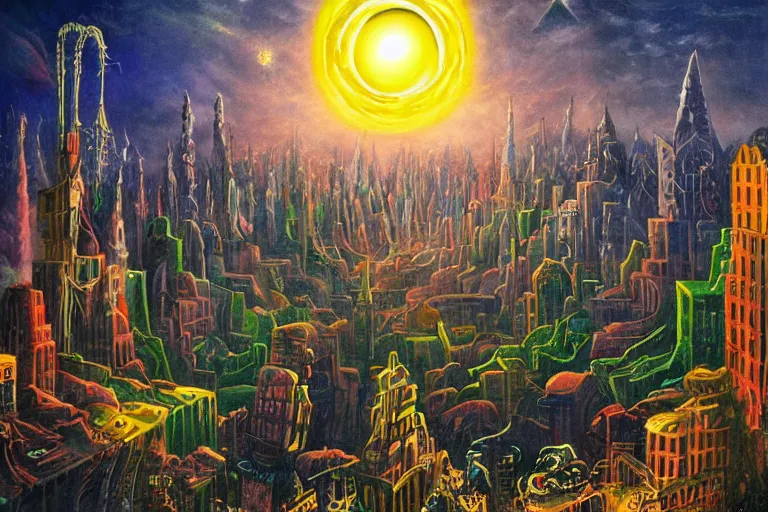 Prompt: miskatonic university big bang cityscape in the style of dr. seuss, illuminati, painting by albert bierstadt