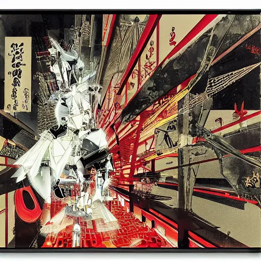 Image similar to the fullmetal wired neon friendly robot orion crosses the infinite series of tori gates between reality and simulation at fushimi inari taisha, hanafuda oil on canvas by dave mckean, ivan shishkin, james jean and yoji shinkawa