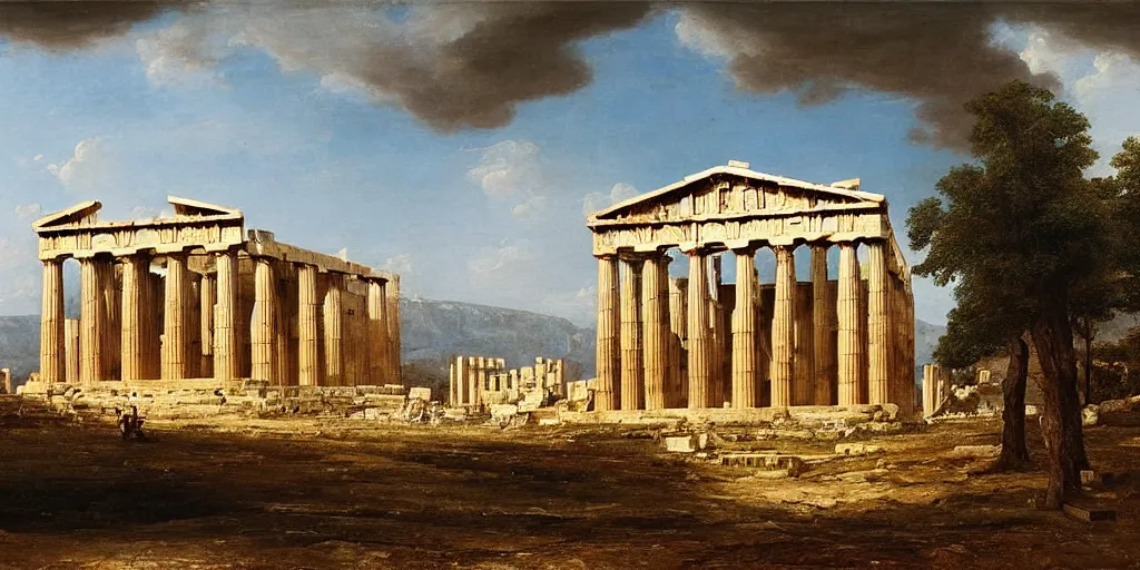 Prompt: a beautiful painting of a greek temple, parthenon, corinth, temple of athena, oil painting, louis dupre, joseph gandy, george maddox, raphael, thomas cole, edwin deakin, auguste racinut, frederic edwin church, masterpiece