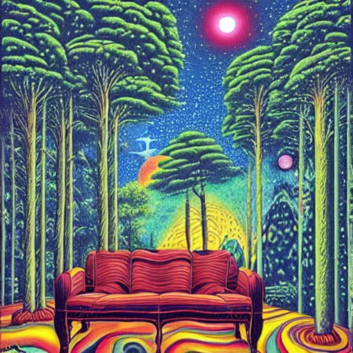 Image similar to psychedelic trippy river pine forest, planets, milky way, sofa, cartoon by rob gonsalves