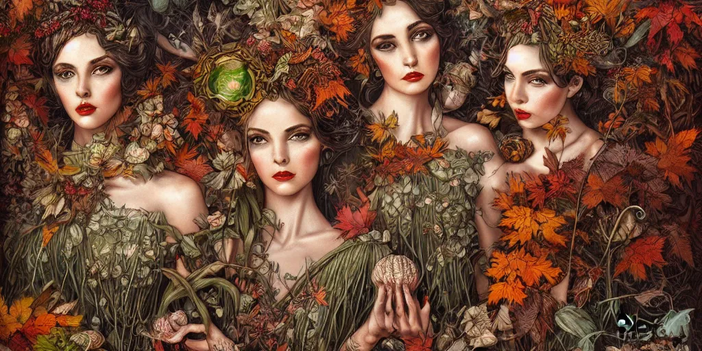 Prompt: breathtaking detailed concept art painting of goddesses of autumn by beto val, vintage illustration pattern with bizarre compositions blend of plants and stems and leaves, exquisite detail, extremely moody lighting, 8 k