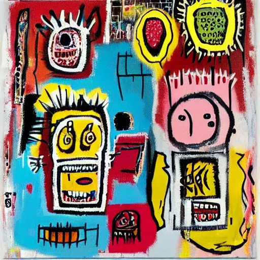 Prompt: “berries, diamonds, pigs, weeds, bagels, Acrylic, spray paint and oilstick on canvas, by Jean-Michel Basquiat”