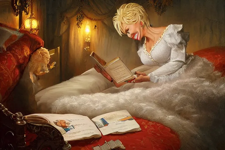 Image similar to portrait of dolly parton reading a bedtime story to bob barker in bed, an oil painting by ross tran and thomas kincade