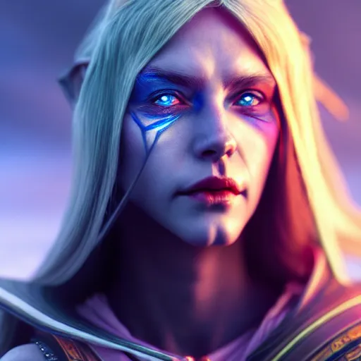 Image similar to ( ( ( ( ( hyperrealist distant portrait of sylvanas windrunner on a blue planet where it rains colors. ) ) ) ) ) by bayard wu, fantasy, photorealistic, octane render, unreal engine, dynamic lighting, trending on artstation, poster, volumetric lighting, very detailed faces, 4 k, award winning