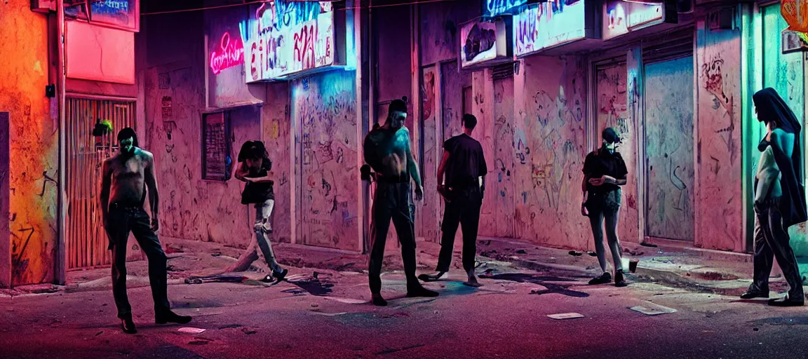 Image similar to weird and disturbing portrait of violent crime in the streets of tel aviv, vivid colors, neon, art by gregory crewdson and artgerm and wlop and william - adolphe bouguereau