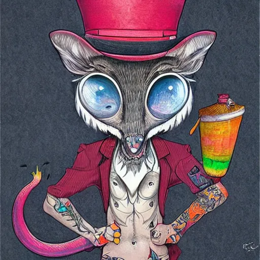 Image similar to a dik dik monster with tattoos, wearing a fedora, tattoos, colorful, digital art, fantasy, magic, trending on artstation, ultra detailed, professional illustration by basil gogos