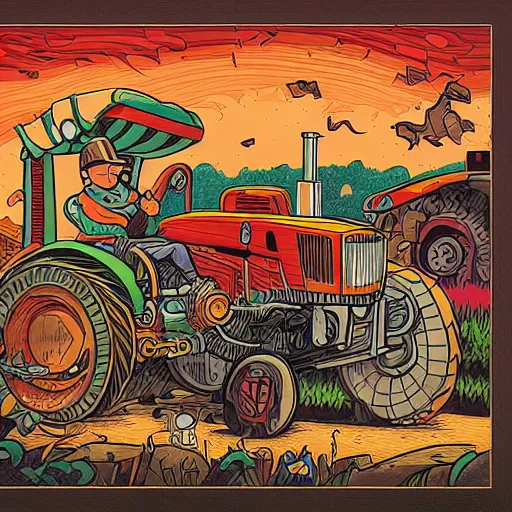 Prompt: A jigsaw with a cute illustration of a cow driving a tractor by Dan Mumford