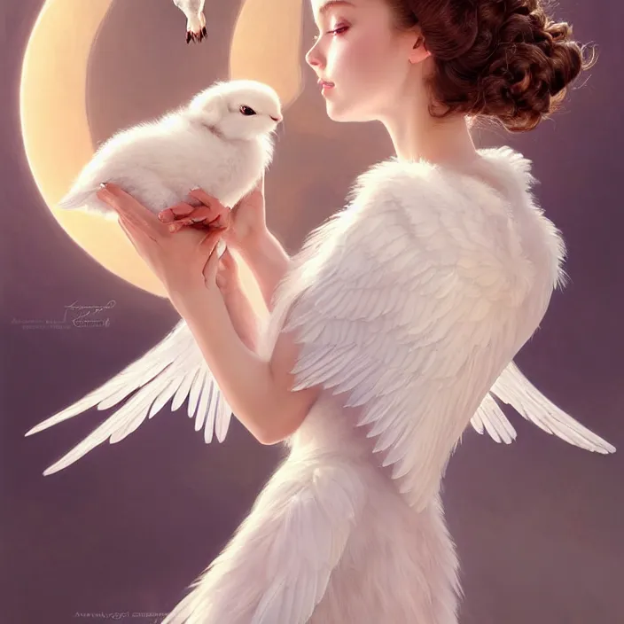 Prompt: Portrait of a cute elegant woman with angelic white wings on her back, holding a rabbit, flying in the eye, luxurious neckless, beautiful long white dress, sunset, warm spring, detailed face, fantasy, anime, vibrant, colorful, intricate details, trending on ArtStation, Deviantart, by WLOP, james gurney, norman rockwell