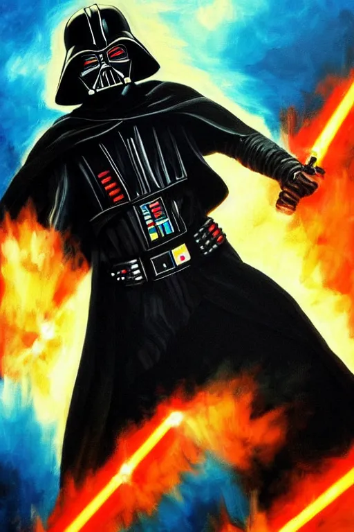 Prompt: anakin skywalker emerging from a ocean of flames. he is wearing darth vader's suit. he has a lightsaber in his right hands and clenches the left hand as a fist. detailed portrait. photorealistic. digital oil painting. visible brushstrokes