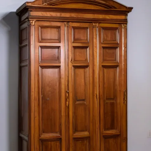 Prompt: large armoire with slightly crooked door in a room full of posters