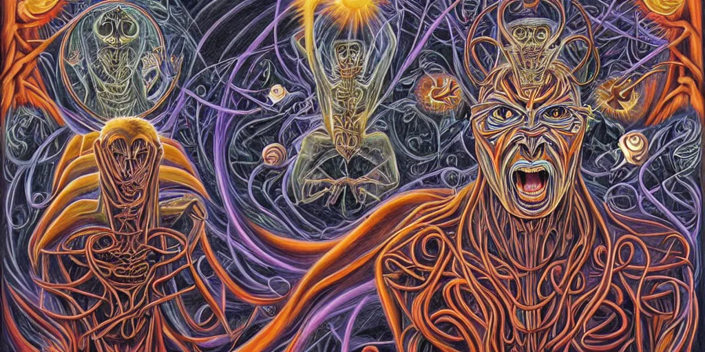 Image similar to drawing inspiration from sri lankan demonology, divine disease is an artistic representation of the malefic deity whose presence is responsible for the cause of epidemics and infectious diseases, concept art, biomechanical, realistic oil painting by alex grey