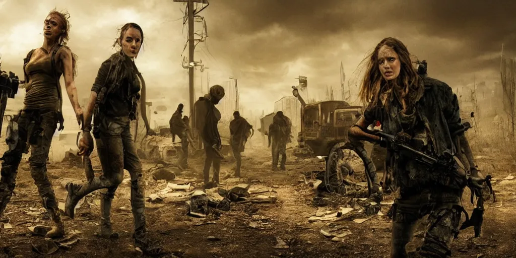 Image similar to a scene from a post - apocalyptic movie starring alicia wikander