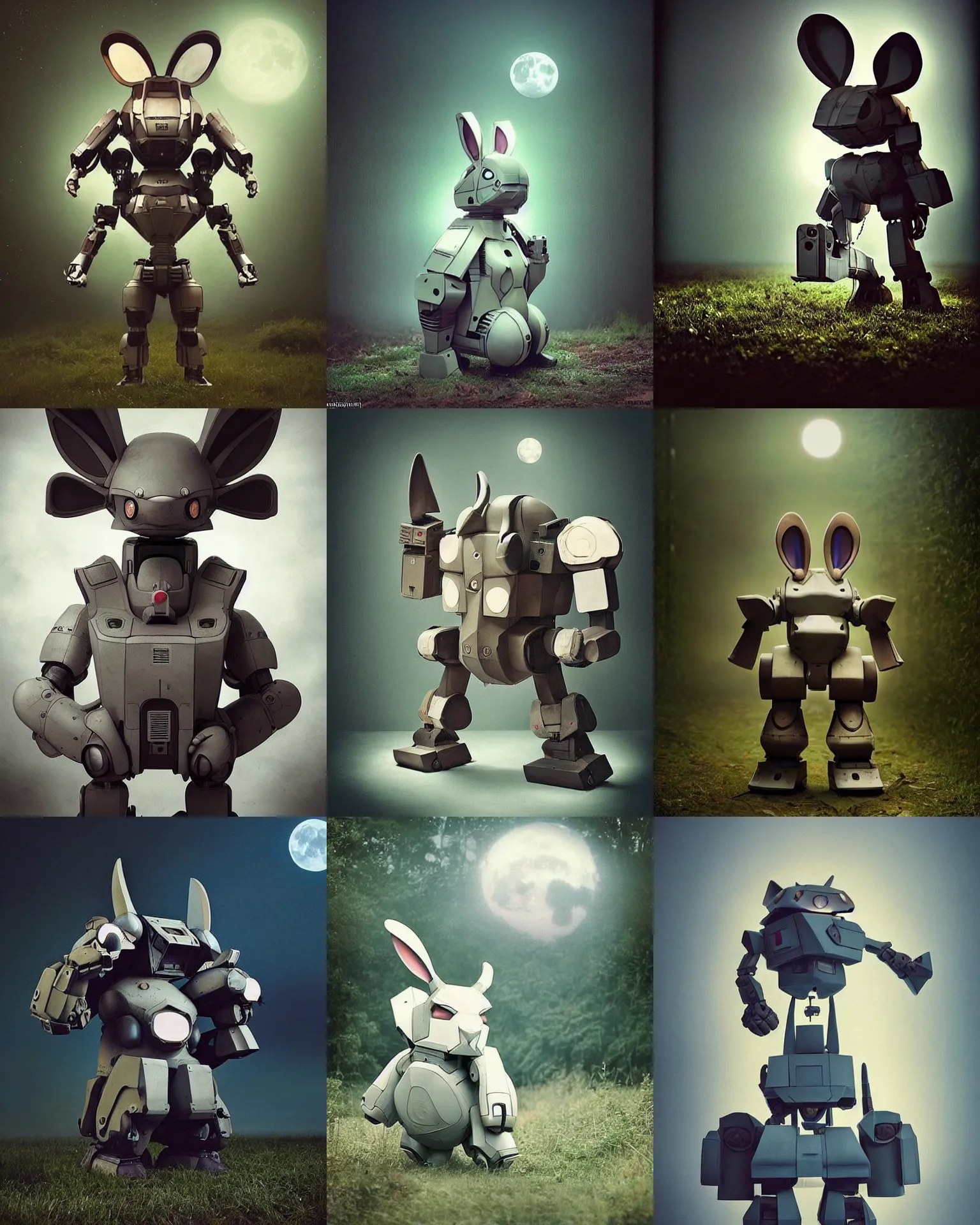 Prompt: dynamic pose !!!giant oversized battle rabbit robot chubby mech with big ears , on jungle night !!! , full body , Cinematic focus, Polaroid photo, vintage , neutral dull colors, soft lights, foggy , moon backlight, by oleg oprisco , by victor enrich , by gregory crewdson , by discovery channel , by most wanted