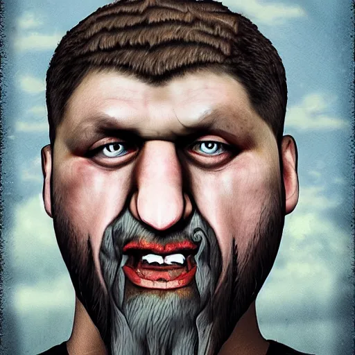 Image similar to bodyhorror portrait of ramzan kadyrov who became an ugly retarded lovecraftian monstrosity, photo - realistic, color image, 2 k, highly detailed