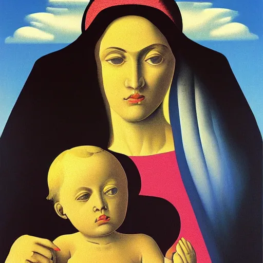 Image similar to a vivid painting of the Madonna and child by Rene Magritte, detailed image, surreal