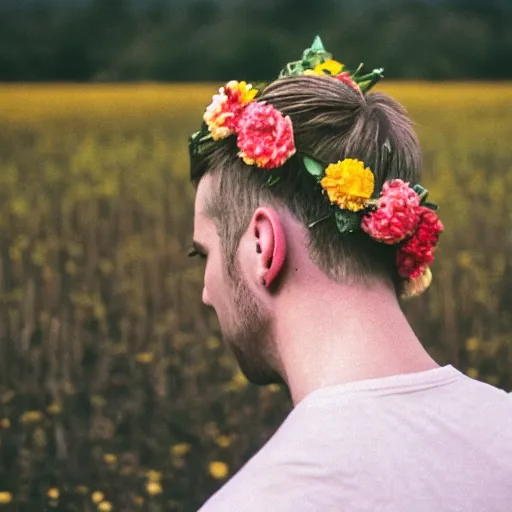 Prompt: kodak portra 4 0 0 photograph of a skinny blonde guy standing in field on fire, back view, flower crown, moody lighting, telephoto, 9 0 s vibe, blurry background, vaporwave colors, faded!,