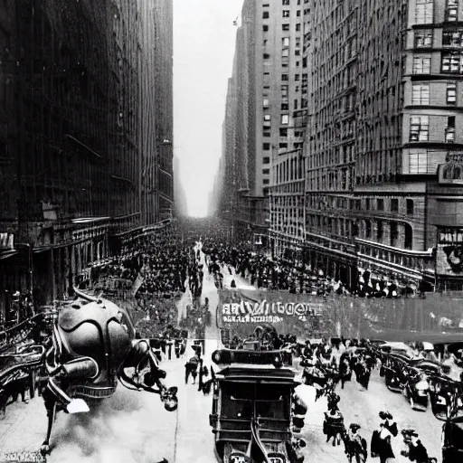 Image similar to old black and white photo, 1 9 1 3, depicting a dieselpunk giant robot monster rampaging through the bustling streets of new york city, historical record