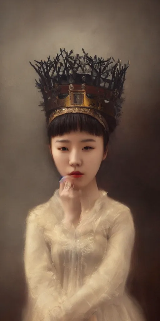 Image similar to Highly detailed and cinematic romantic period oil painting of dense smokey foggy atmosphere with a beautiful Korean girl wearing a neon glowing crown, an oil painting masterpiece by Josep Tapiró Baró, RPG portrait, dynamic lighting, 8K