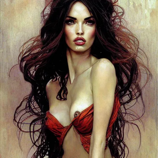 Prompt: half length portrait of a woman who is a mix of ana de armas and megan fox, seduction spell, d & d, medieval, fantasy, royo, klimt, miro, vallejo, frazetta, alphonse mucha, greg rutkowski, whealan