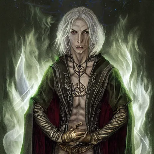 Prompt: silvery skinned male elf, occult robes, summoning smokey figure, fantasy, d & d, intricate, high detail, dark colors, by brom, greg ruthowski