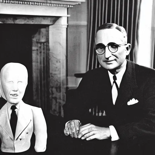 Image similar to monochrome vintage photograph of Harry Truman standing next to a tall cute alien in the white house, ultra detailed, ultra intricate,