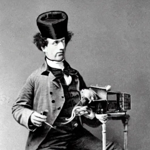 Prompt: radio player, in 1 8 0 0 s with a rat as the mad scientist