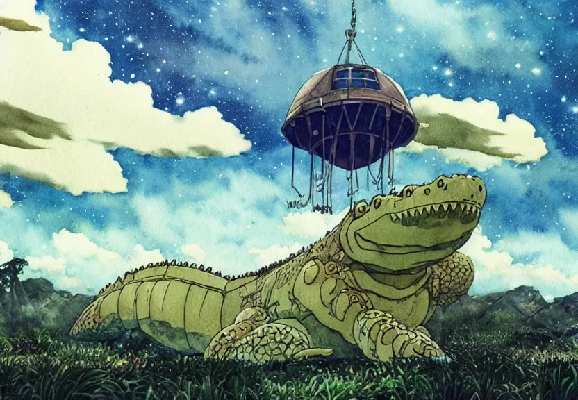 Image similar to a hyperrealist watercolor concept art from a studio ghibli film showing a giant mechanized crocodile from howl's moving castle ( 2 0 0 4 ). a pyramid is under construction in the background, in the rainforest on a misty and starry night. a ufo is in the sky. by studio ghibli