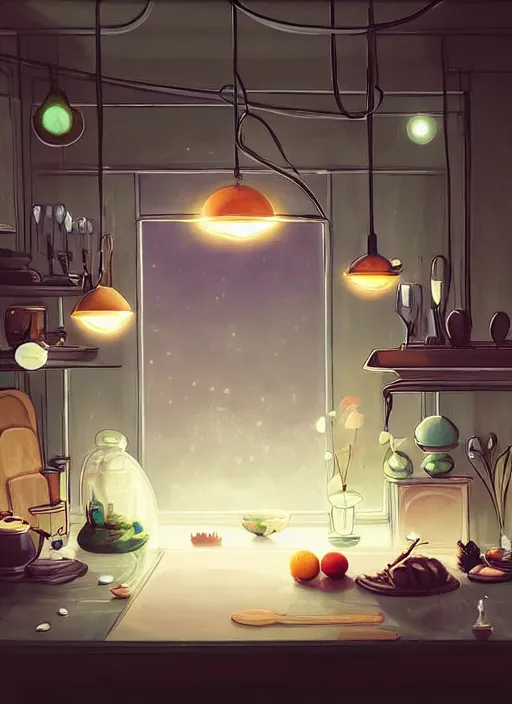 Image similar to high depth, collective civilization kitchen, calm, healing, resting, life, hybrids, scifi, soft white glowing lights, published concept art, art in the style of all and none and everything and infinity, clowdy day