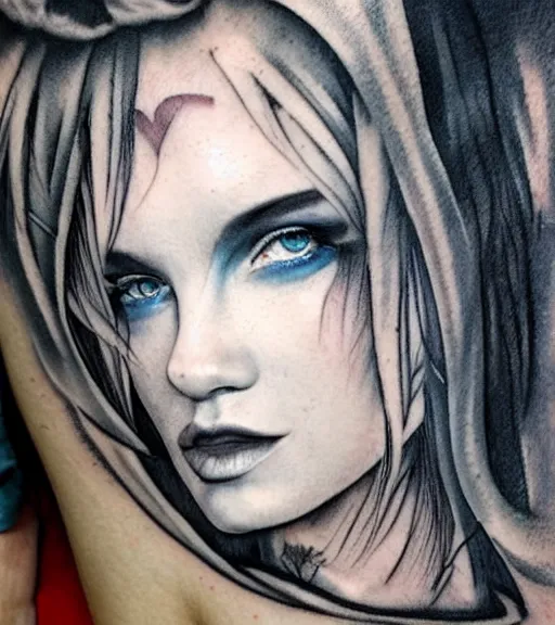 Image similar to tattoo design sketch of a beautiful blue - eyed woman face with a faded background of beautiful mountains and nature on her side, hyper - realistic, in the style of den yakovlev, amazing detail, black and white
