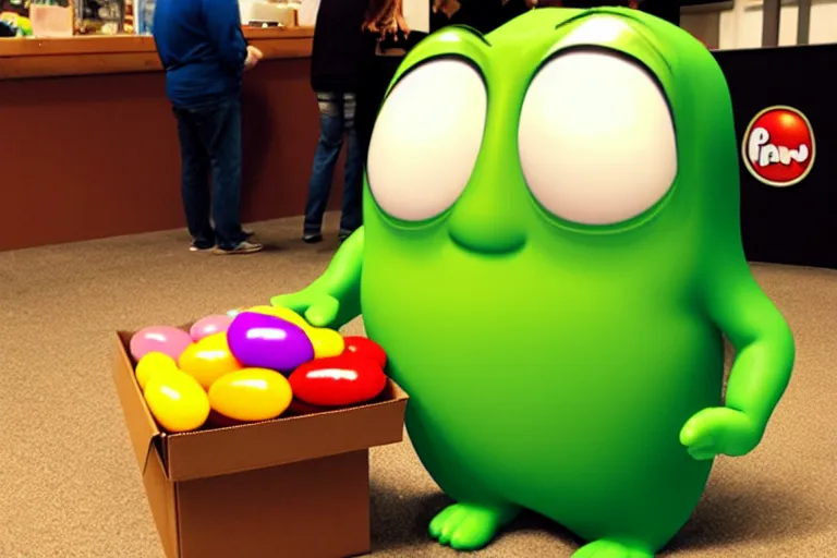 Image similar to an anthropomorphic jelly bean, moving a box, pixar