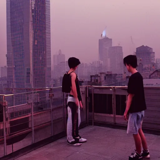 Image similar to a small rooftop with a couple of modern subculture teenagers standing and talking to each other, wearing black modern clothes, modern shanghai bund is on the background, sunset, by gregory crewdson