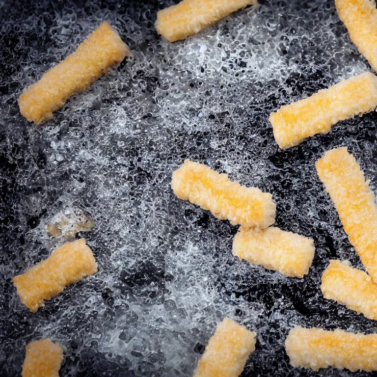 Prompt: Soaking wet soggy fish stick drenched with a stream water from a faucet on a moist wet plate. Very wet delicious crusty fish sticks. Macro lens close up 4K food commercial shot