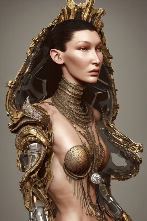 Prompt: a highly detailed 4 k portrait render of an alien goddess bella hadid in iris van herpen dress schiaparelli armor in diamonds and lots of jewelry in style of alphonse mucha trending on artstation made in unreal engine 4