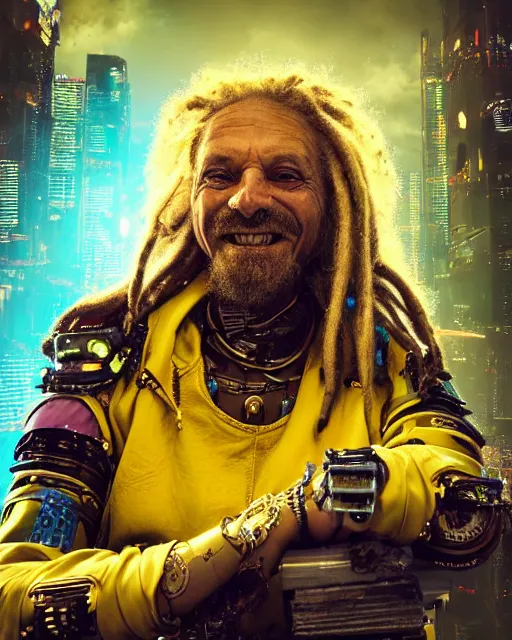 Prompt: an intimate portrait of a gnarly human cyberpunk captain, old skin, dreadlocks, friendly, charming, strong leader, a look of cunning, big smile, detailed matte fantasy painting, golden cityscape, lasers, sparks, yellow and blue and cyan